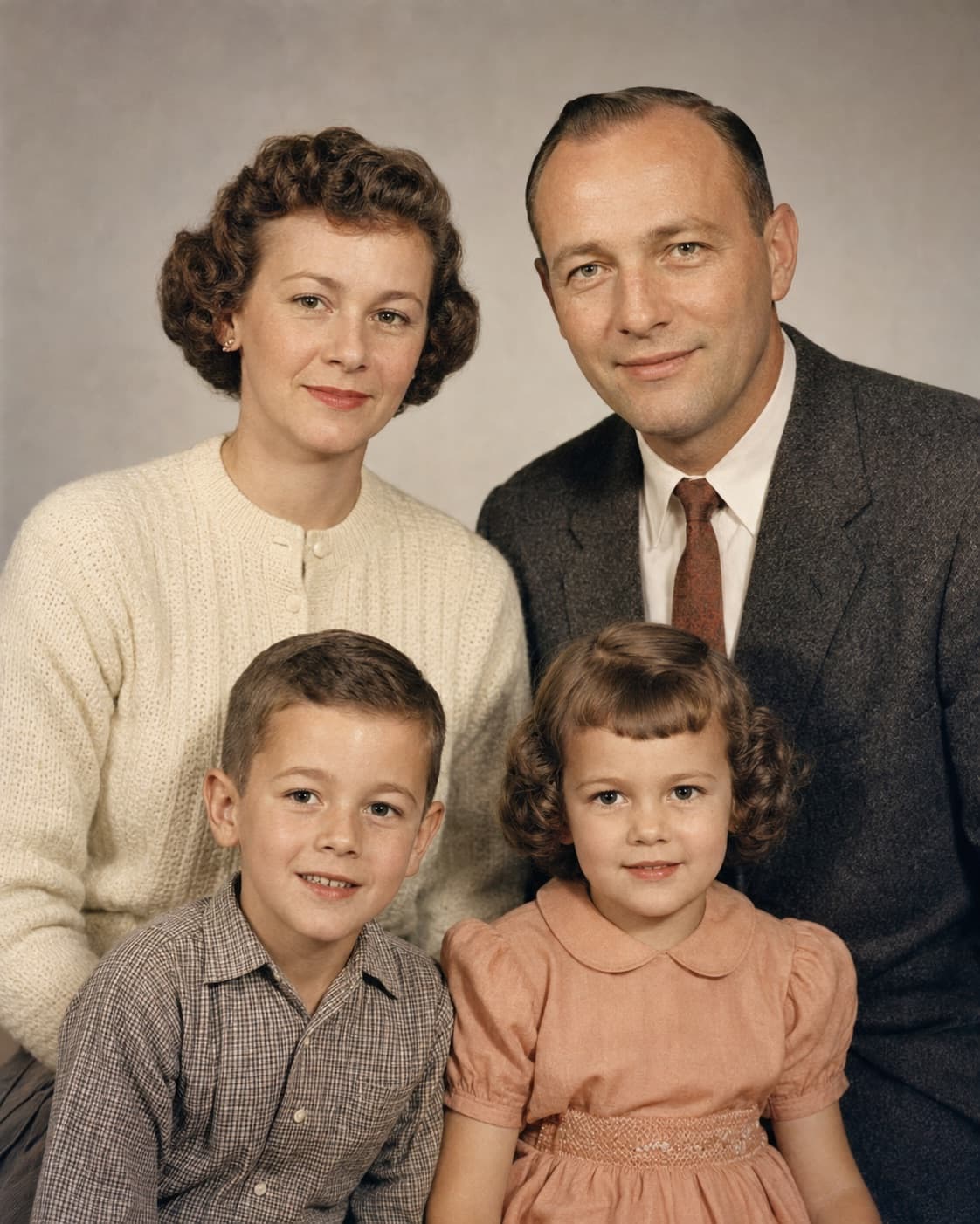 Restored and colorized 1950s family portrait
